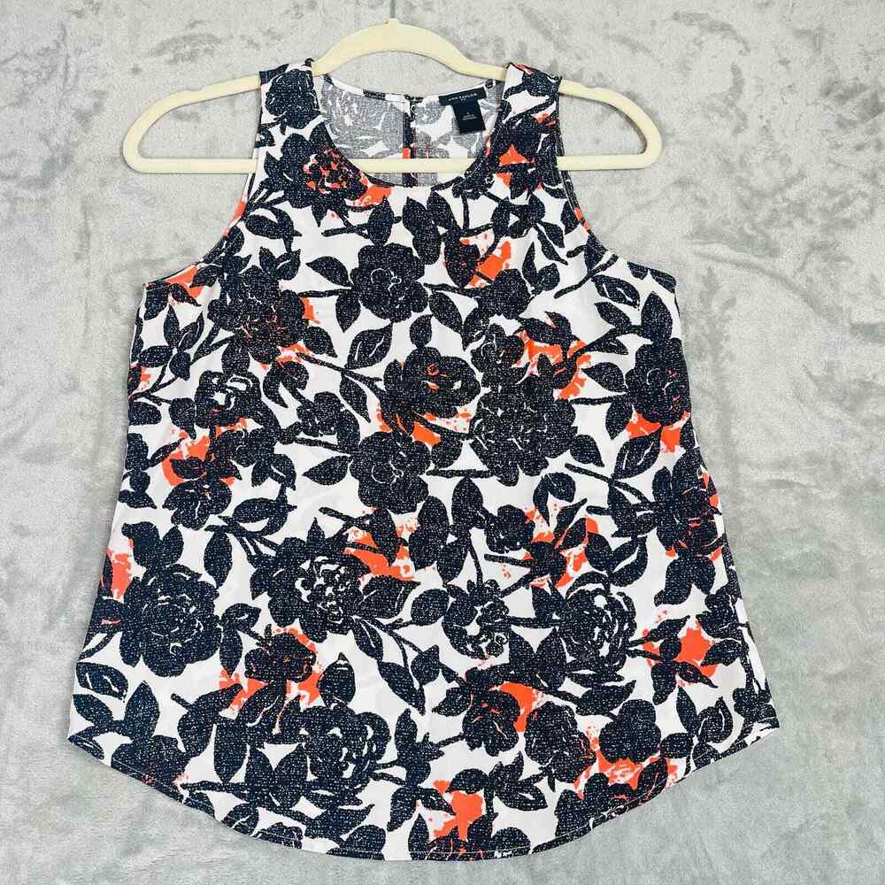 Ann Taylor White Floral Shell Top with Black and Orange Accents